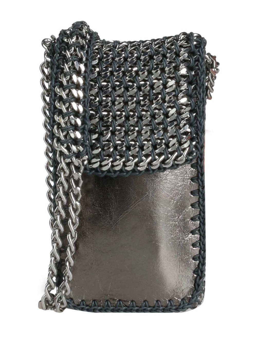 Chain-Trim Metallic Crochet Phone Bag